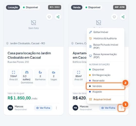 No cartão do imóvel, abra o menu “⋯”