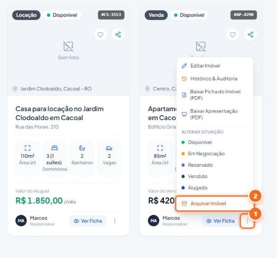 No cartão do imóvel, abra o menu “⋯”