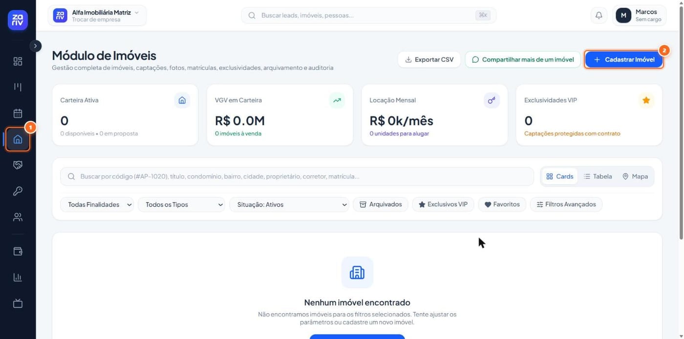 Abra “Imóveis” no menu