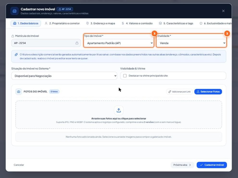 Aba 1, “Dados básicos”: tipo e finalidade