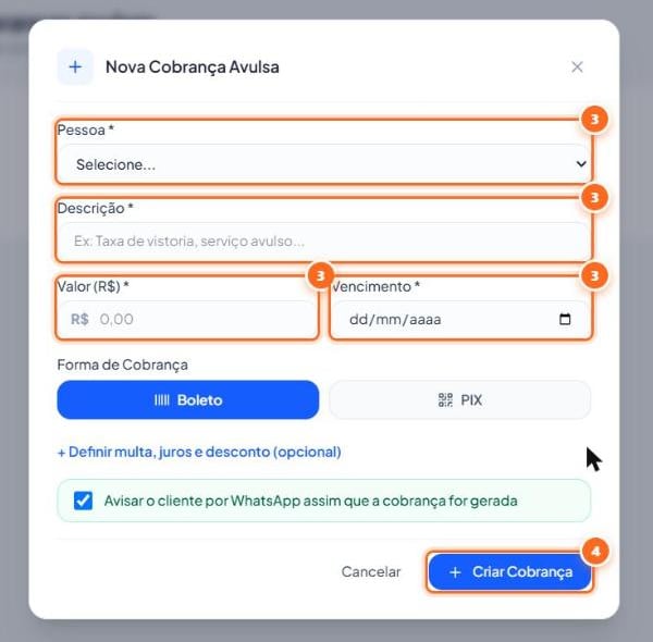 Preencha pessoa, descrição, valor e vencimento