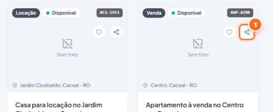 Para um imóvel, clique no ícone de compartilhar no cartão