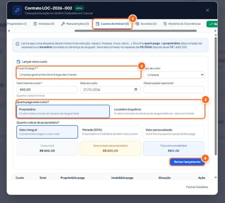 Abra o contrato e vá para a aba “Custos do Imóvel”