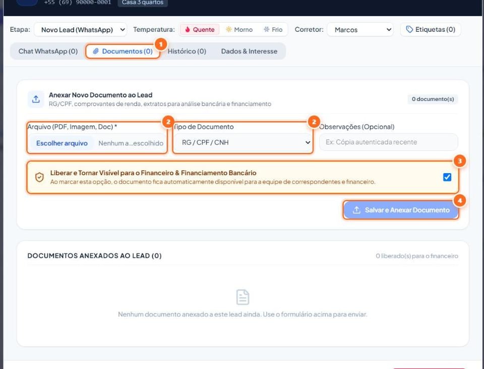 Abra o lead e vá para a aba “Documentos”