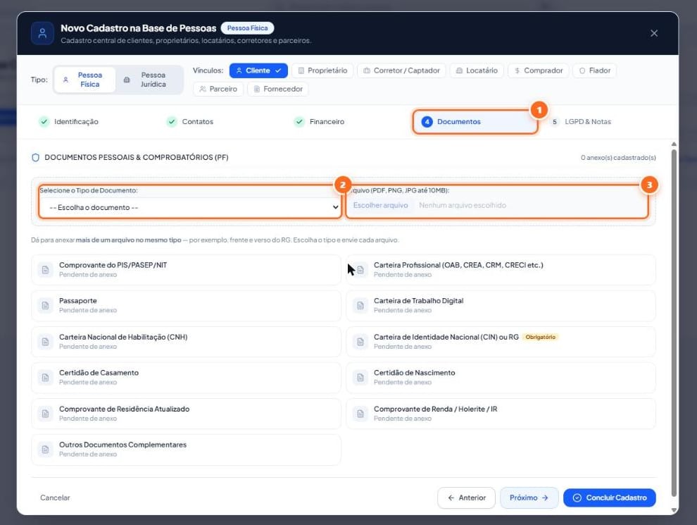 Abra o cadastro e vá para a etapa “Documentos”