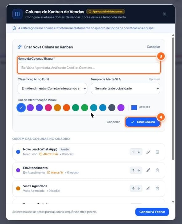 Clique em “Criar Coluna” ou “Salvar Alterações”