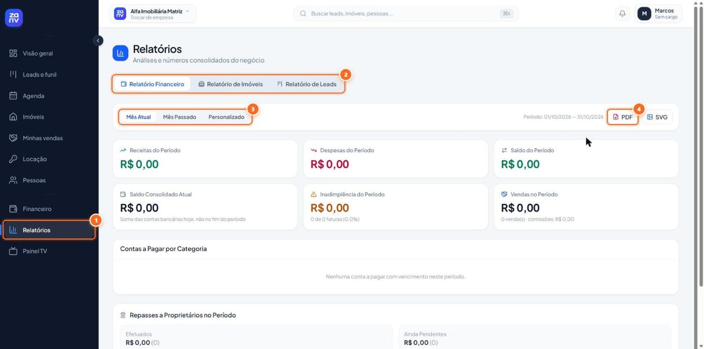 Abra “Relatórios” no menu