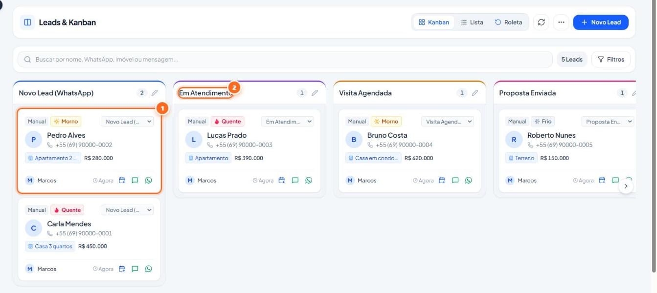 Clique e segure o cartão do lead