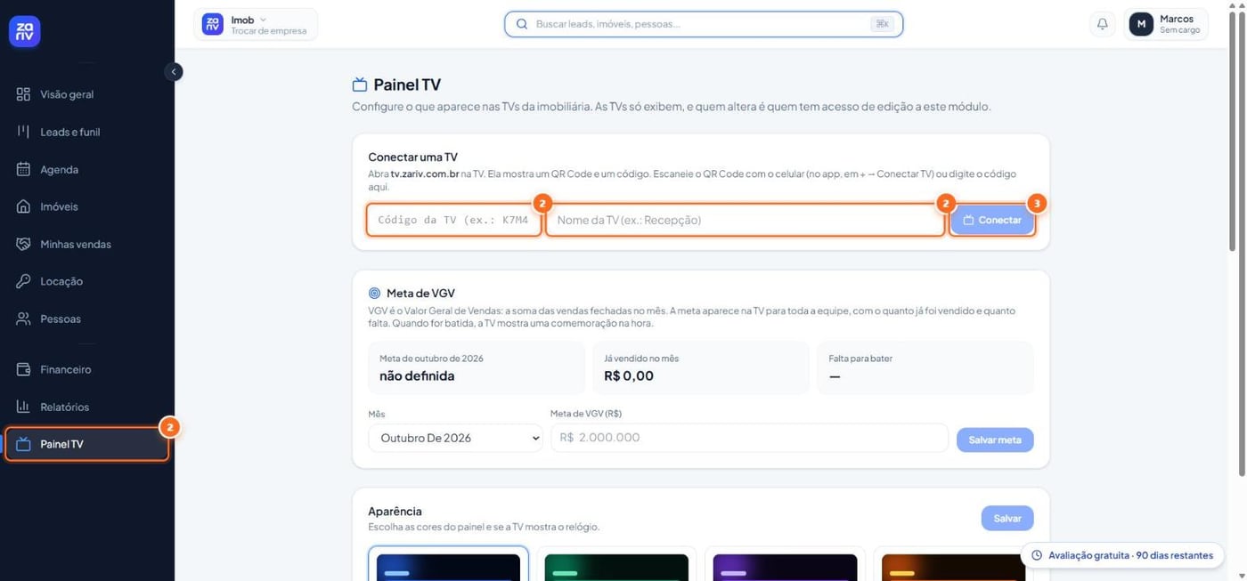 Abra “Painel TV” no sistema e digite o código