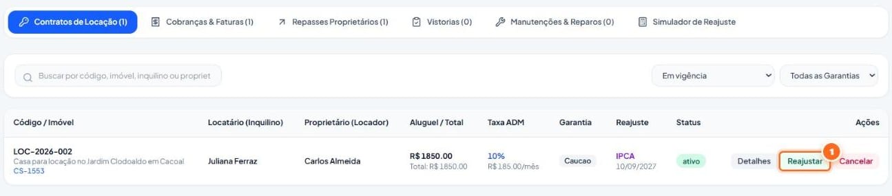 Na aba “Contratos de Locação”, clique em “Reajustar”